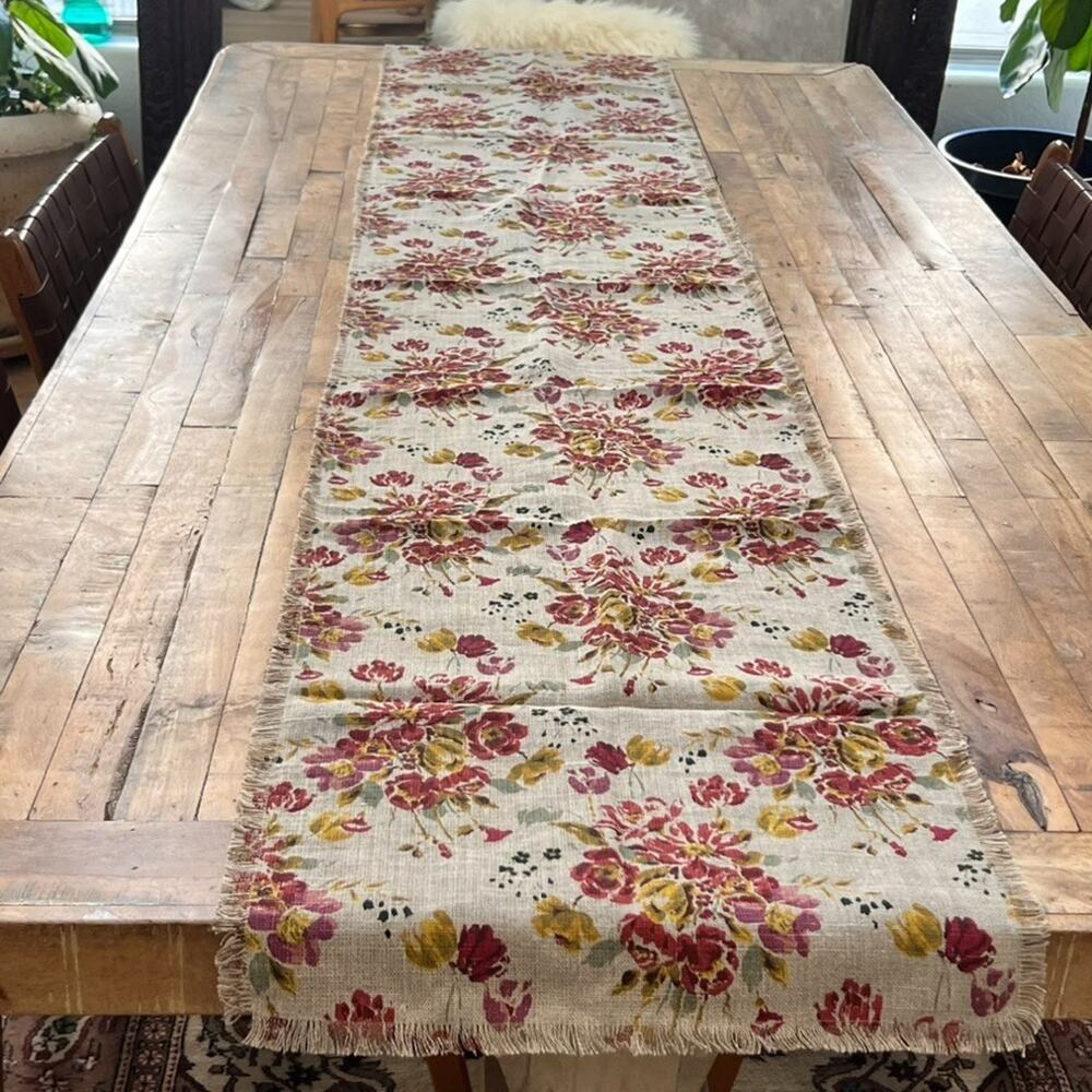 World Market Floral 100% Linen Table Runner with Fringe 17 x 90" Cottage